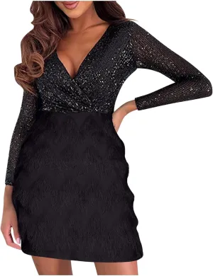 Firzero Plus Size Formal Dresses for Women 2024 Trendy Sequin Evening Party Dresses Sexy Lantern Sleeve V Neck Dresses Belt