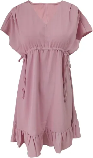 Firzero Women's Summer Dresses Drawstring V Neck Short Sleeve Ruffle Hem a Line Short Dress Casual Vacation Mini Beach Dress