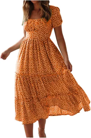 Floral Dress for Women Sundress Casual Square Neck Dresses Boho Beach Vacation Dress High Waisted Summer Midi Dress
