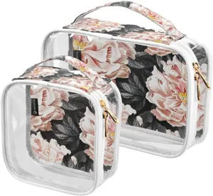 Floral-peony Print 2 Pack Clear Toiletry Bag Women Men, Portable Waterproof Clear Pouch, Cosmetic Bag with Double Zippers Large Opening Traveling with Handle for Bathroom Traveling Vacation Organizing