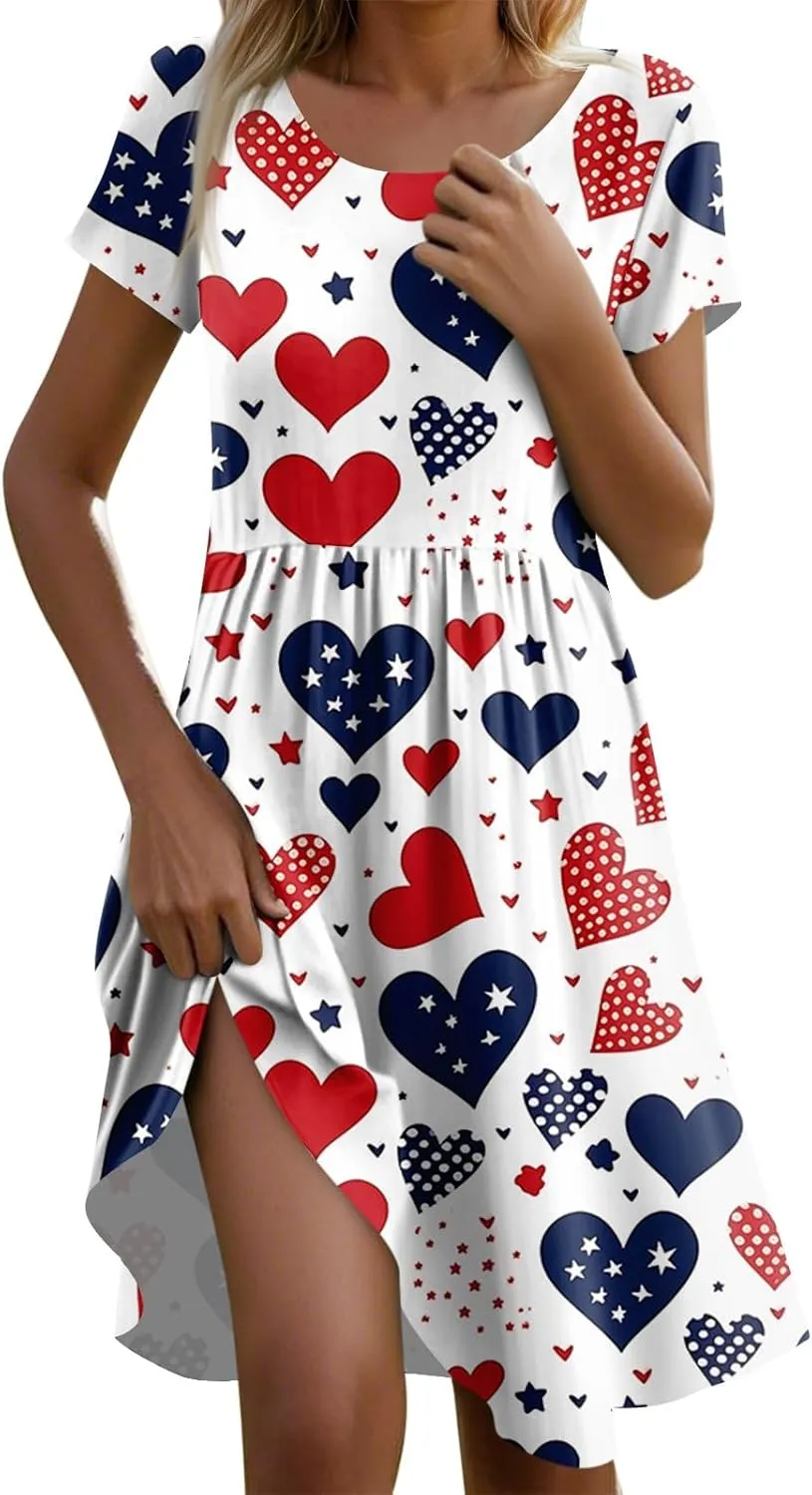 Fourth of July Dresses Trendy Casual Loose Flowy Ruffle Patriotic Dress Short Sleeve Round Neck Flag Print Midi Dresses