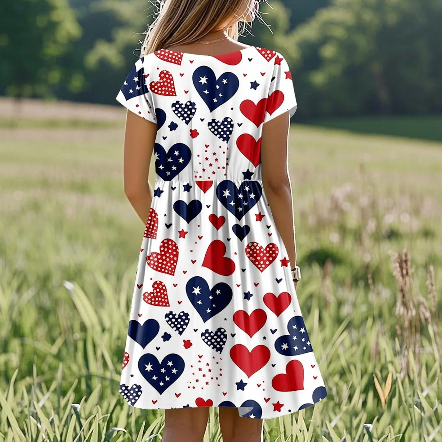 Fourth of July Dresses Trendy Casual Loose Flowy Ruffle Patriotic Dress Short Sleeve Round Neck Flag Print Midi Dresses