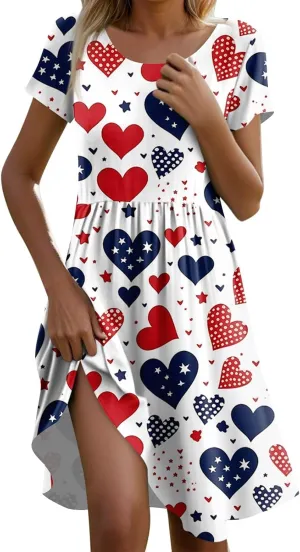 Fourth of July Dresses Trendy Casual Loose Flowy Ruffle Patriotic Dress Short Sleeve Round Neck Flag Print Midi Dresses