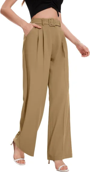 FUNYYZO Women's High Waist Wide Leg Pants Business Work Office Casual Long Pants Belted Trousers