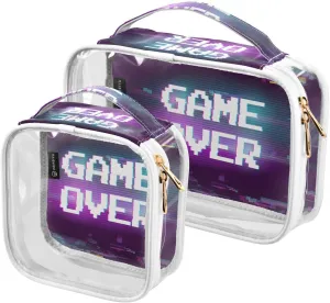 Game-with-glitch-effect Print 2 Pack Clear Toiletry Bag Women Men, Portable Waterproof Clear Pouch, Cosmetic Bag with Double Zippers Large Opening Traveling with Handle for Bathroom Traveling Vacation