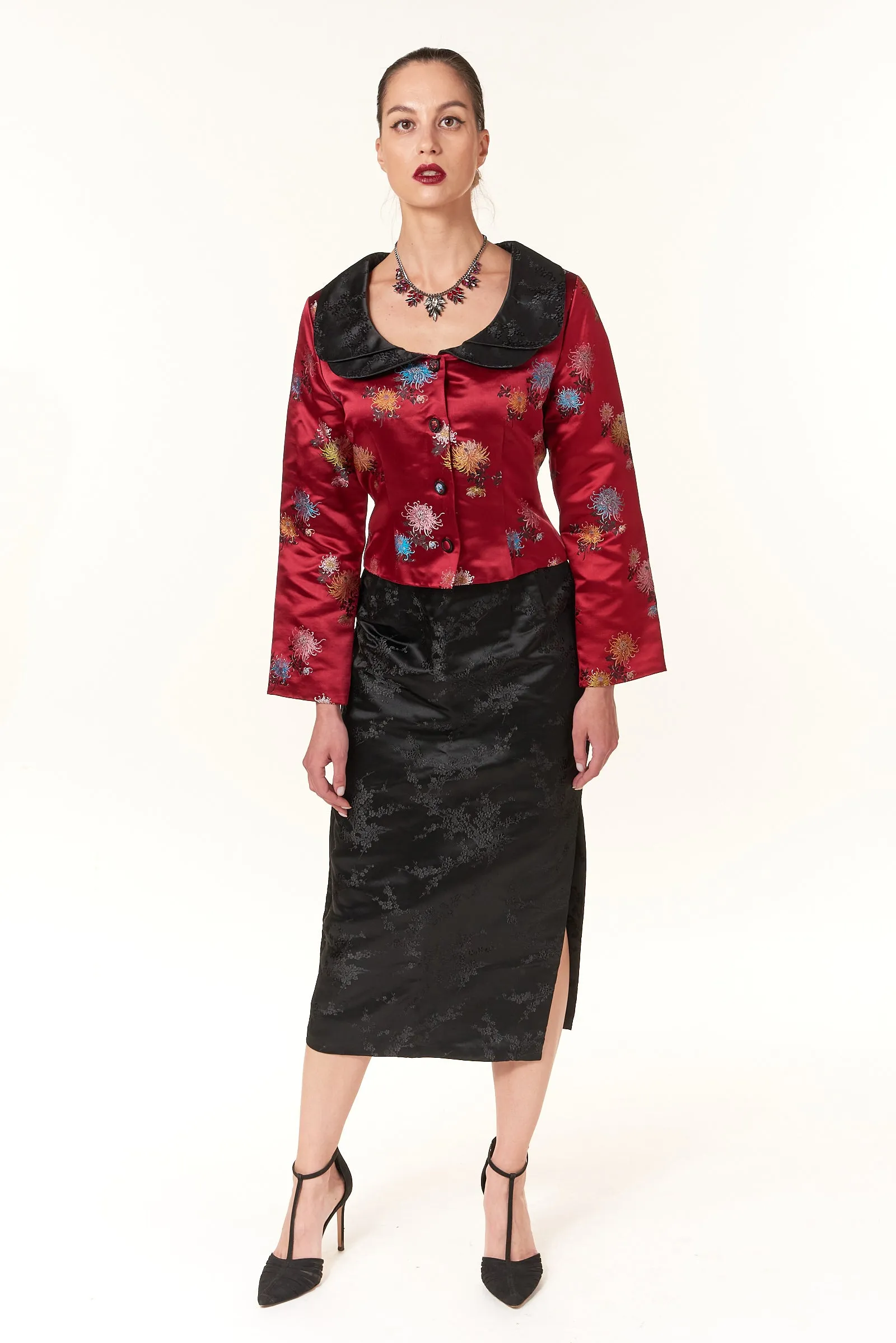Garbolino Couture, Silk Brocade Princess Short Jacket with Black Trim