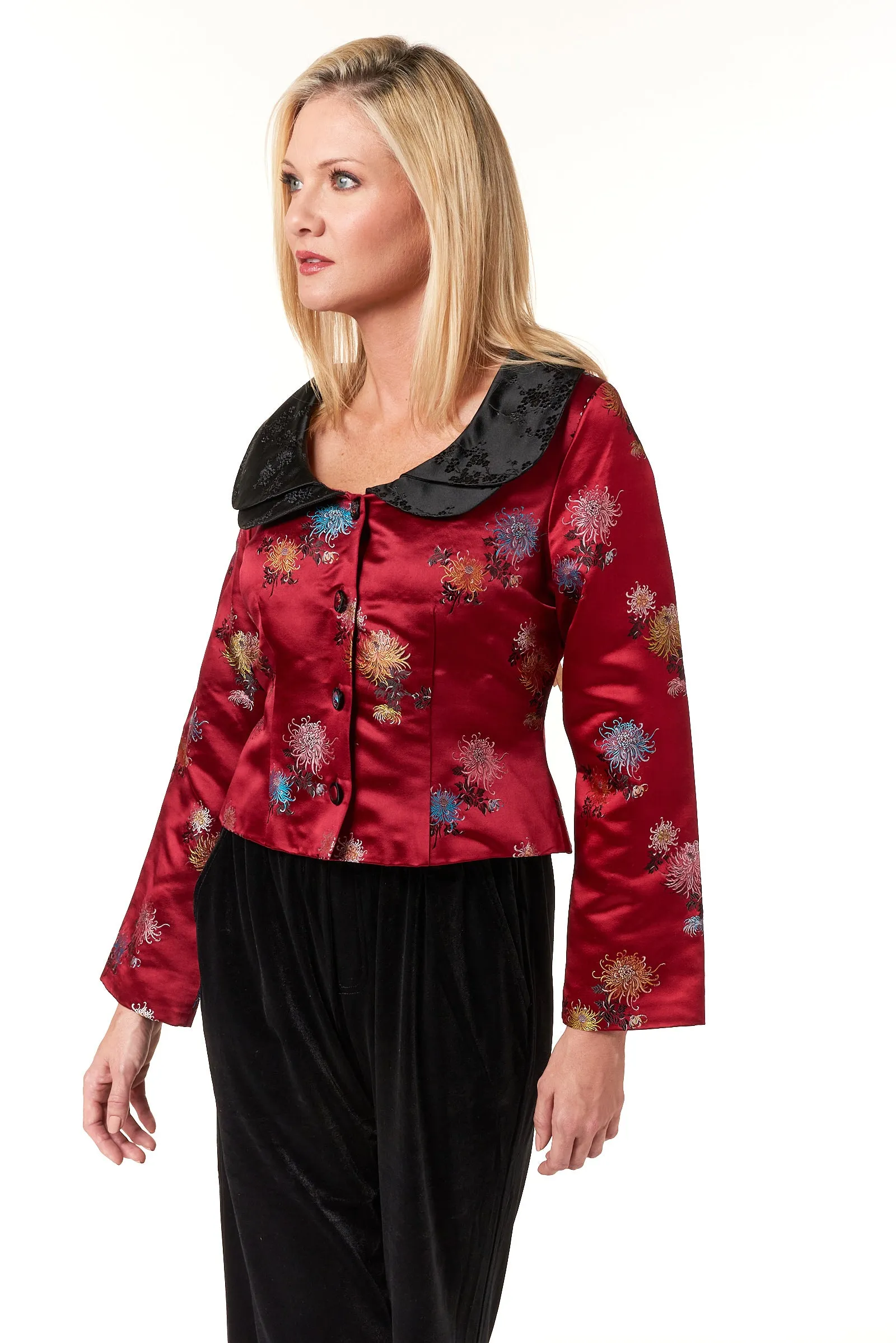 Garbolino Couture, Silk Brocade Princess Short Jacket with Black Trim