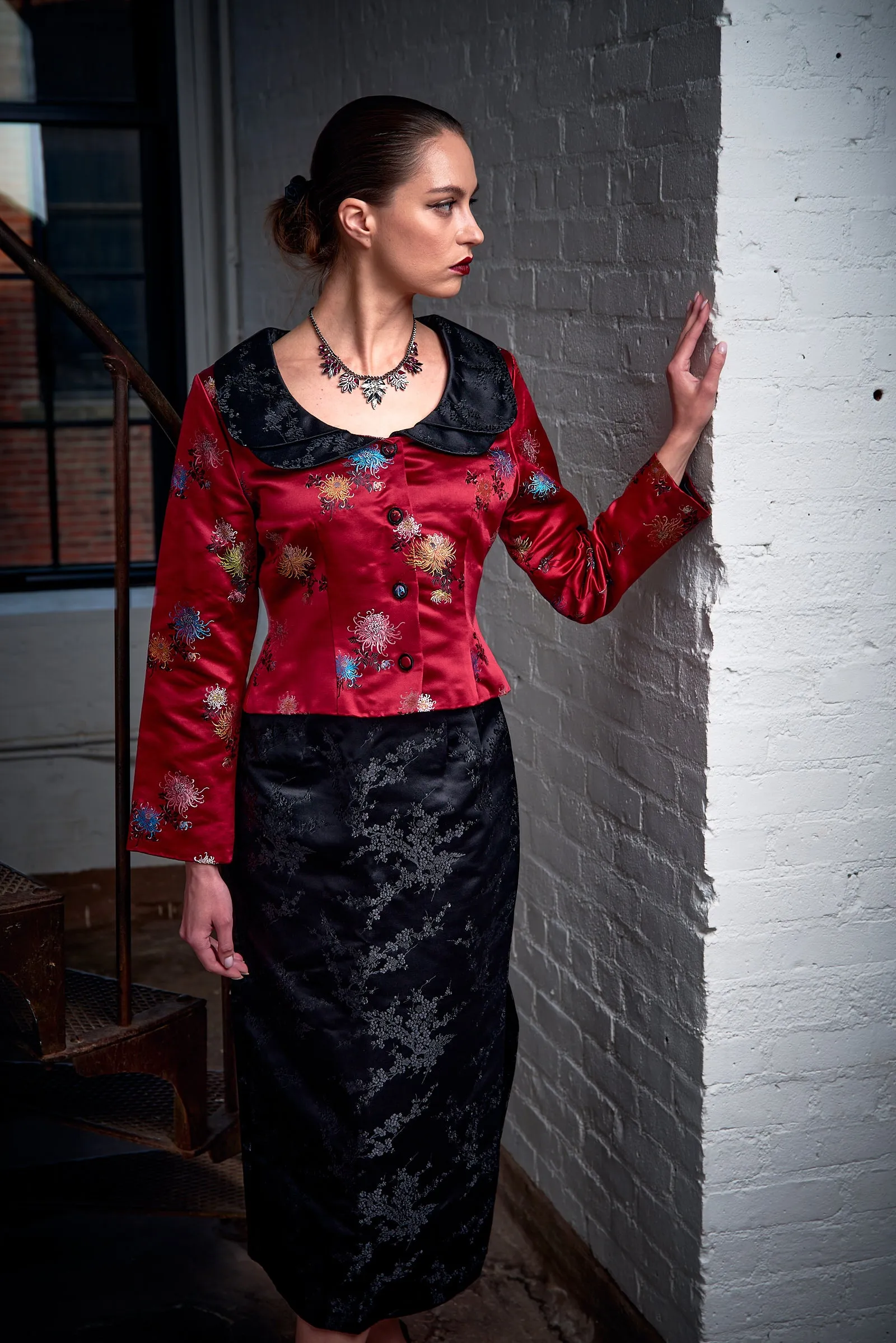 Garbolino Couture, Silk Brocade Princess Short Jacket with Black Trim