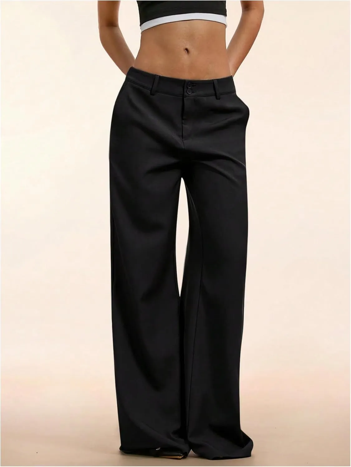 GORGLITTER Women's Low Rise Dress Pants Dressy Casual Low Waisted Wide Leg Straight Trousers Capri Pants Work Business