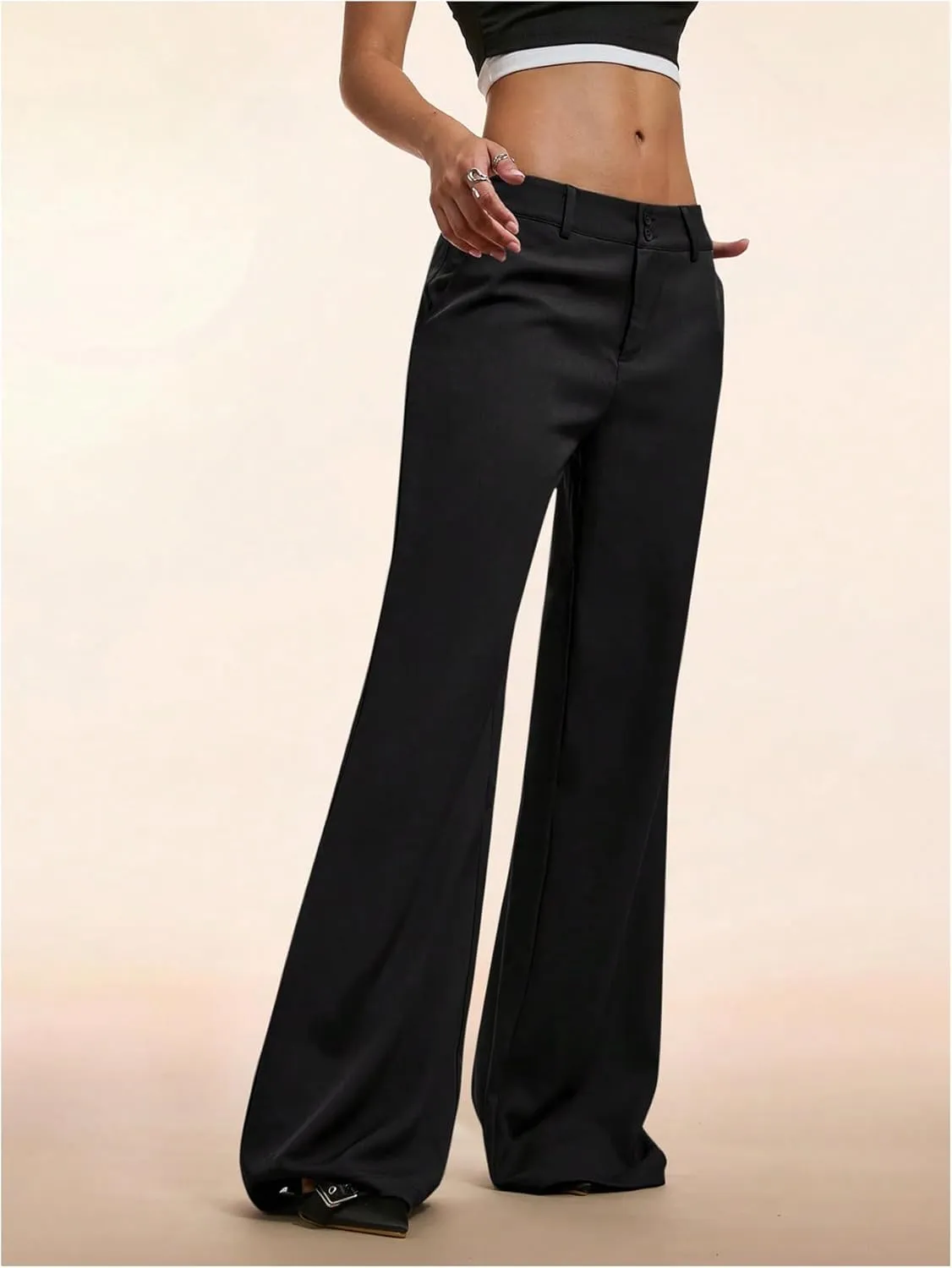 GORGLITTER Women's Low Rise Dress Pants Dressy Casual Low Waisted Wide Leg Straight Trousers Capri Pants Work Business