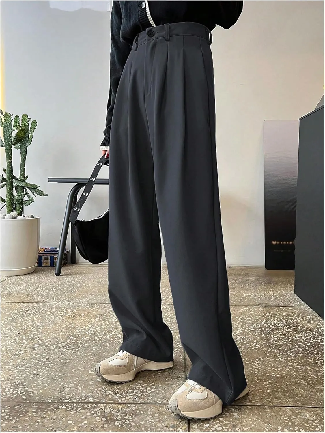 GORGLITTER Women's Low Rise Dress Pants Dressy Casual Low Waisted Wide Leg Straight Trousers Capri Pants Work Business