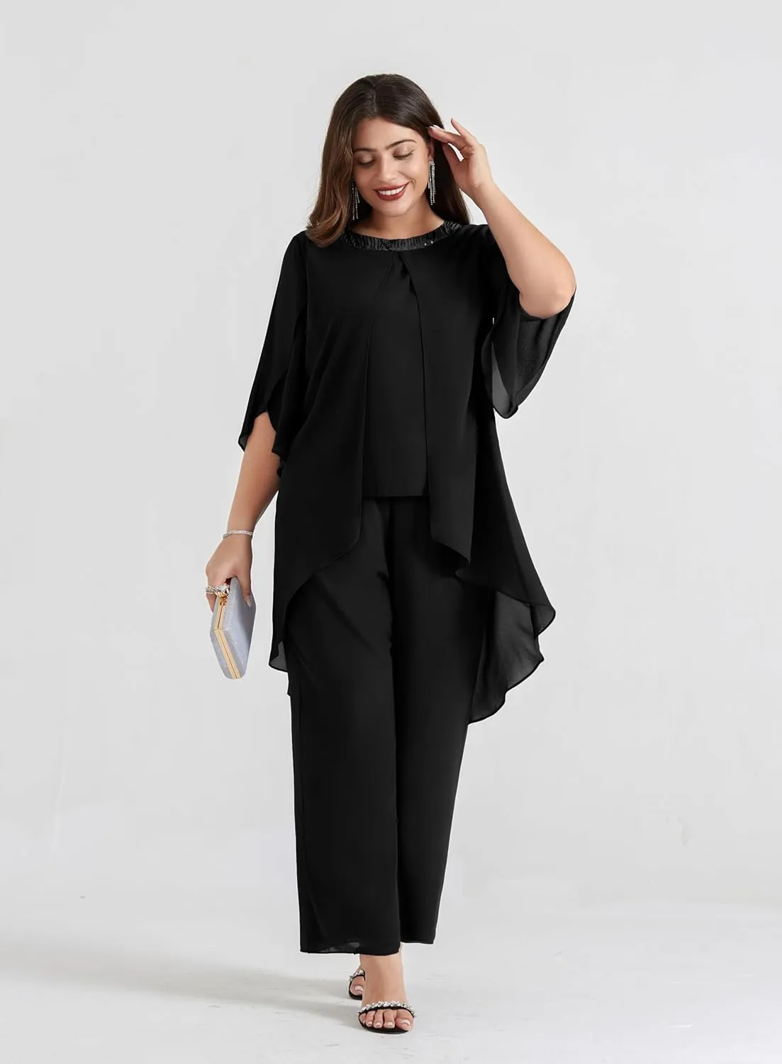 Hanna Nikole Plus Size Mother of The Bride Pant Suits 2 Piece Chiffon Sets Dressy Wedding Guest Outfit with High Low Hem