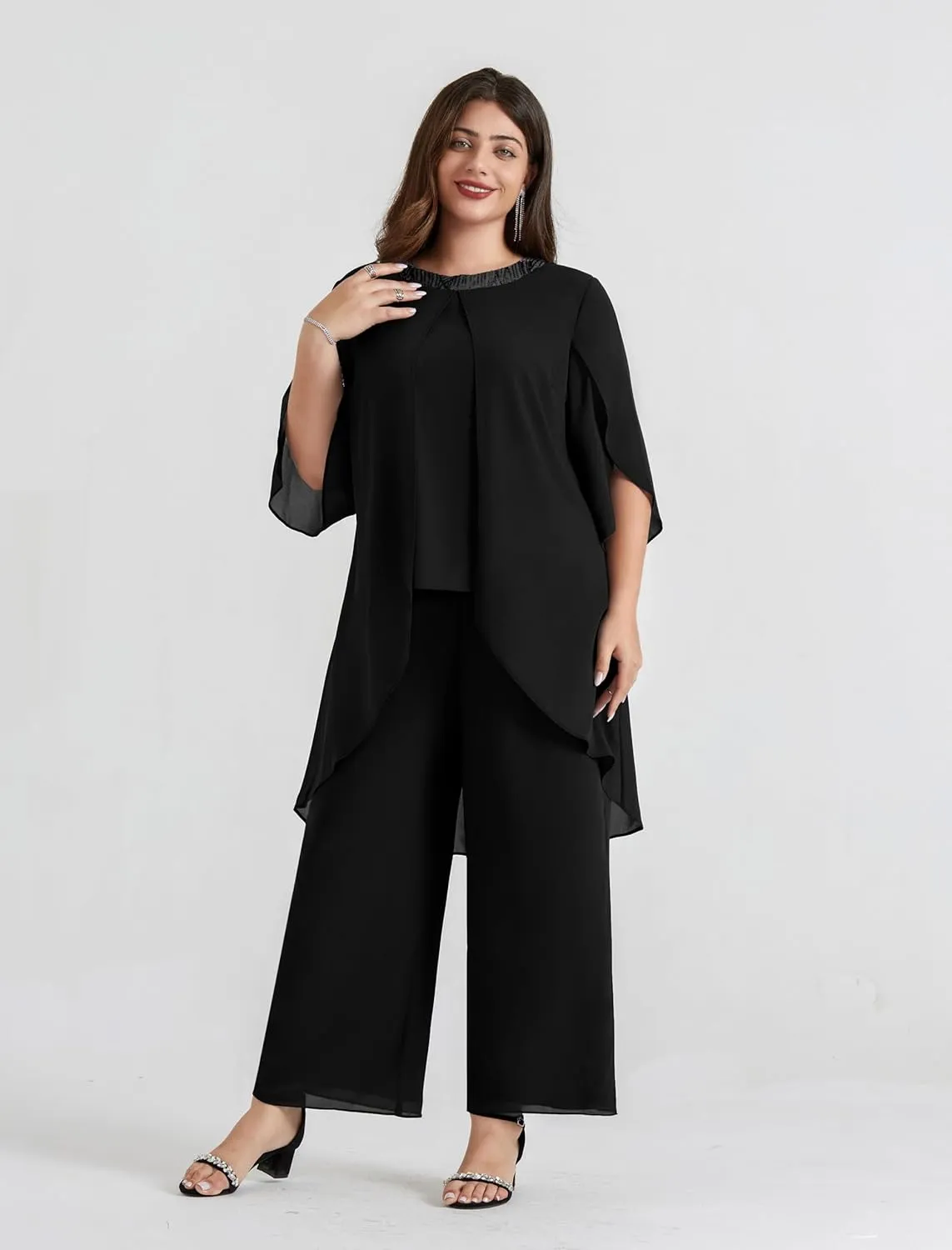 Hanna Nikole Plus Size Mother of The Bride Pant Suits 2 Piece Chiffon Sets Dressy Wedding Guest Outfit with High Low Hem