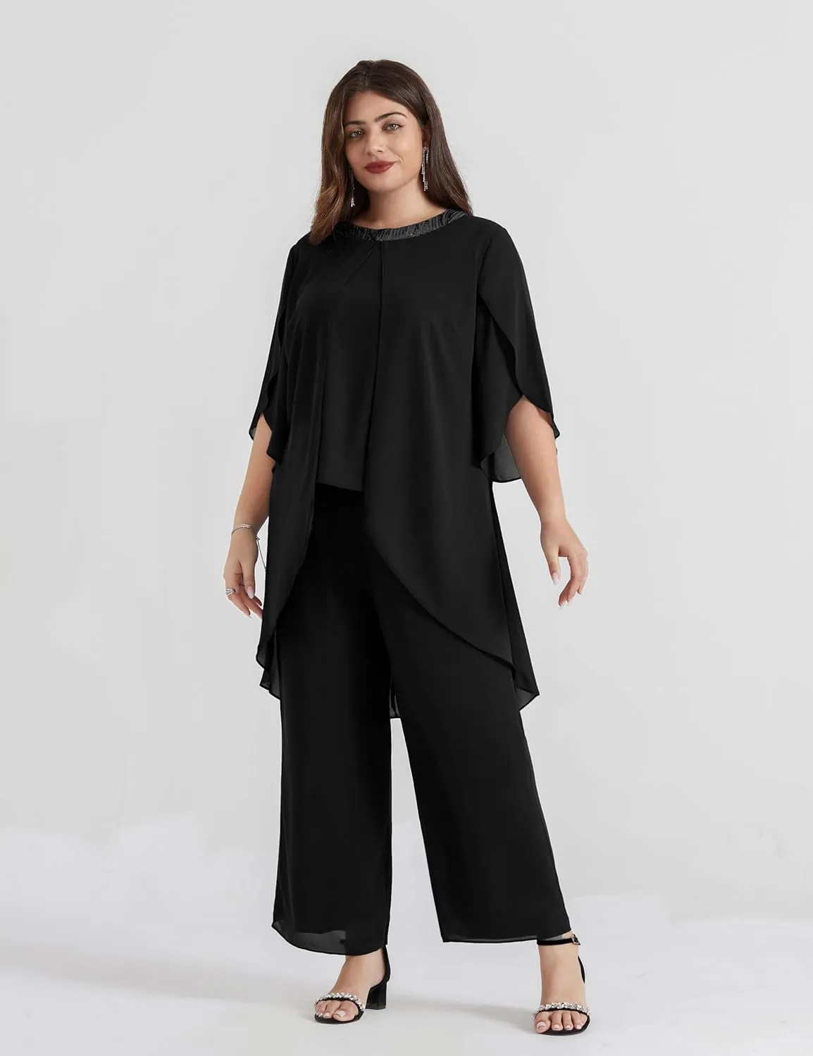 Hanna Nikole Plus Size Mother of The Bride Pant Suits 2 Piece Chiffon Sets Dressy Wedding Guest Outfit with High Low Hem
