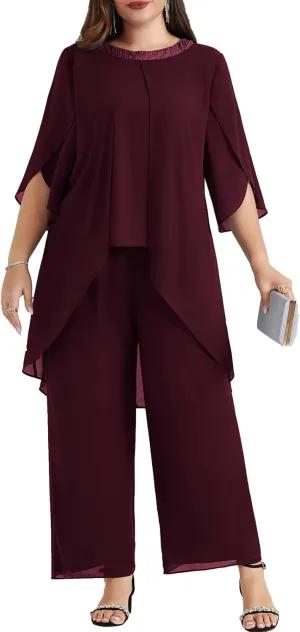 Hanna Nikole Plus Size Mother of The Bride Pant Suits 2 Piece Chiffon Sets Dressy Wedding Guest Outfit with High Low Hem
