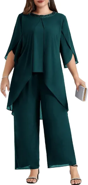 Hanna Nikole Plus Size Mother of The Bride Pant Suits 2 Piece Chiffon Sets Dressy Wedding Guest Outfit with High Low Hem