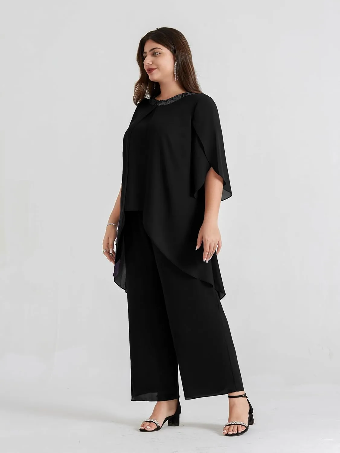 Hanna Nikole Plus Size Mother of The Bride Pant Suits 2 Piece Chiffon Sets Dressy Wedding Guest Outfit with High Low Hem