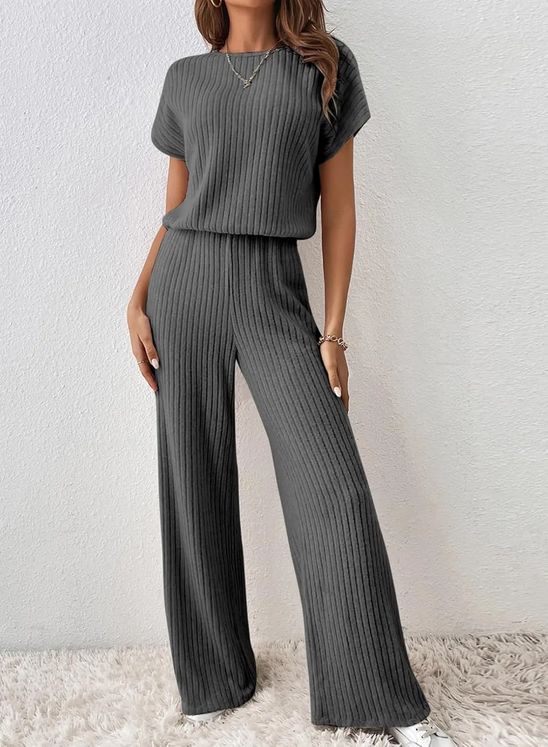 Happy Sailed Women's Casual Loose Solid Ribbed Crewneck Short Sleeve Long Romper Stretchy Wide Leg Jumpsuits