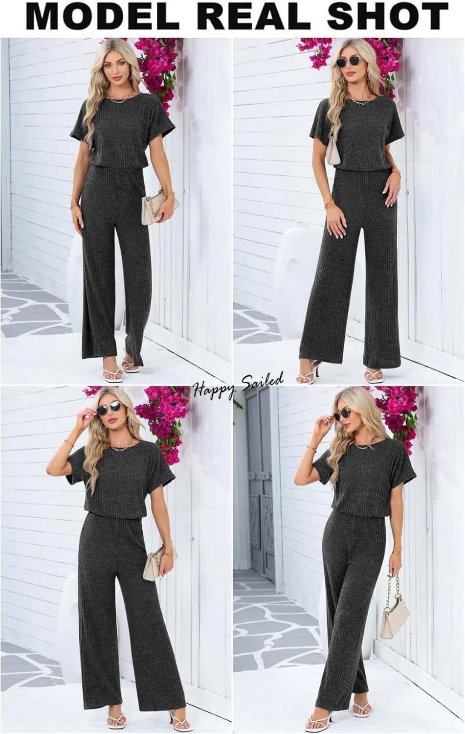 Happy Sailed Women's Casual Loose Solid Ribbed Crewneck Short Sleeve Long Romper Stretchy Wide Leg Jumpsuits