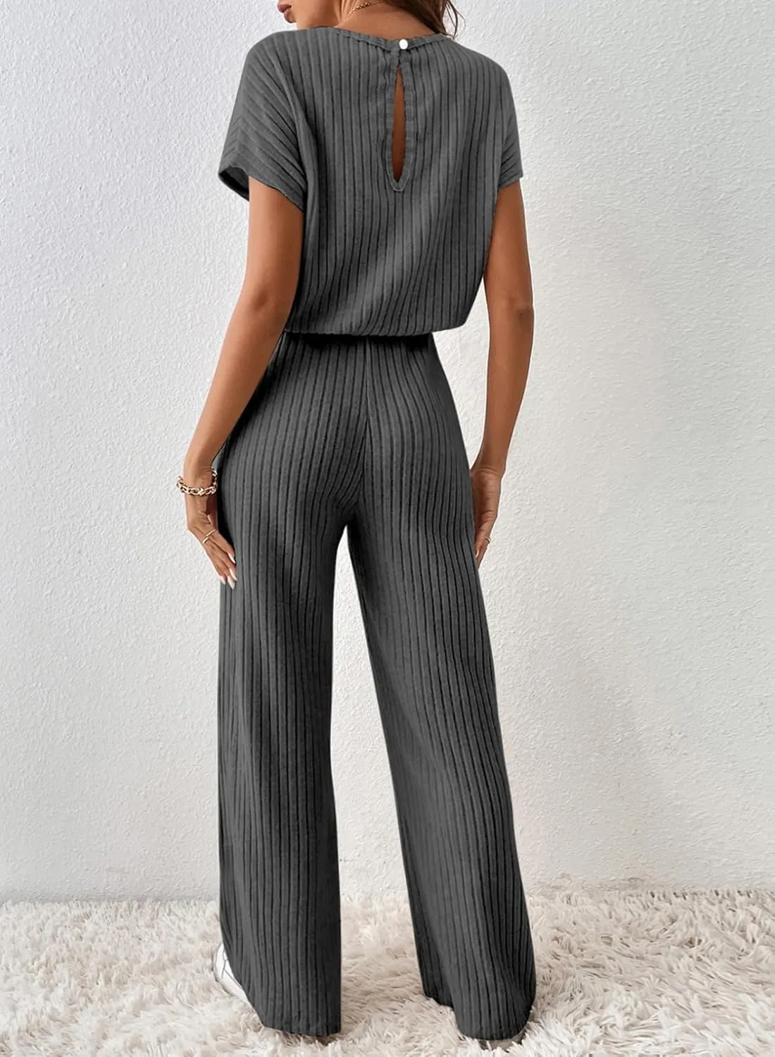 Happy Sailed Women's Casual Loose Solid Ribbed Crewneck Short Sleeve Long Romper Stretchy Wide Leg Jumpsuits
