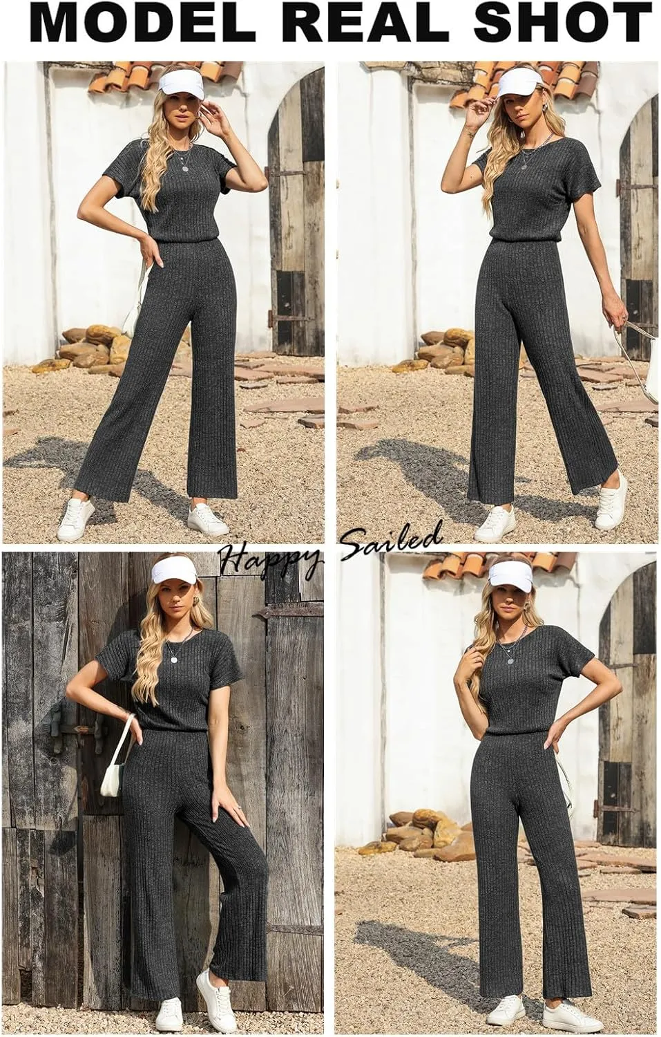 Happy Sailed Women's Casual Loose Solid Ribbed Crewneck Short Sleeve Long Romper Stretchy Wide Leg Jumpsuits