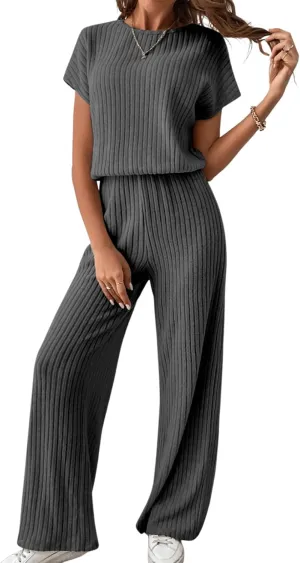 Happy Sailed Women's Casual Loose Solid Ribbed Crewneck Short Sleeve Long Romper Stretchy Wide Leg Jumpsuits