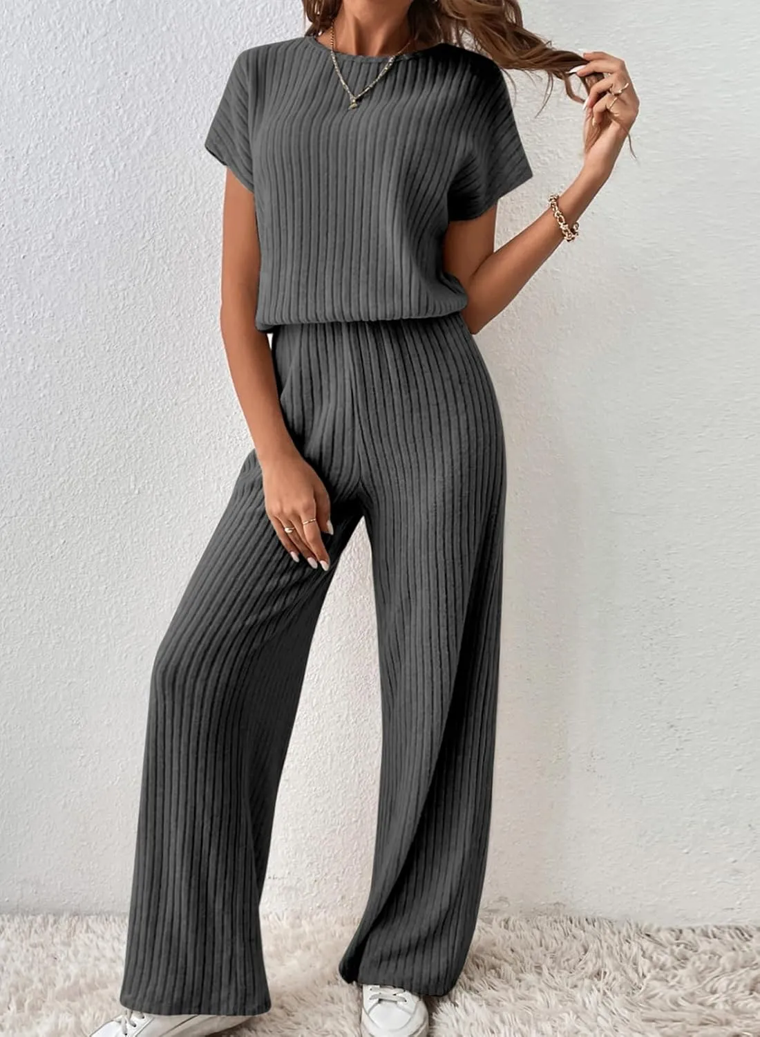 Happy Sailed Women's Casual Loose Solid Ribbed Crewneck Short Sleeve Long Romper Stretchy Wide Leg Jumpsuits