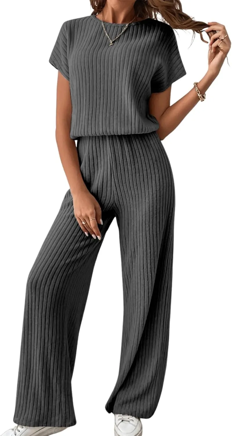Happy Sailed Women's Casual Loose Solid Ribbed Crewneck Short Sleeve Long Romper Stretchy Wide Leg Jumpsuits