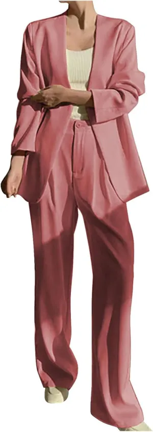 HGps8w Two Piece Blazer Outfits for Women Loose Open Front Suit Jacket and Straight Pants Office Lady Business Work Suits