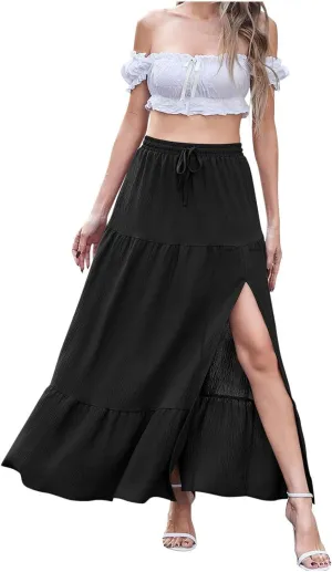 HGps8w Women's 2025 Summer Boho Linen Slit Flowy Maxi Skirt, Trendy Elastic Waist A Line Tiered Beach Long Skirts
