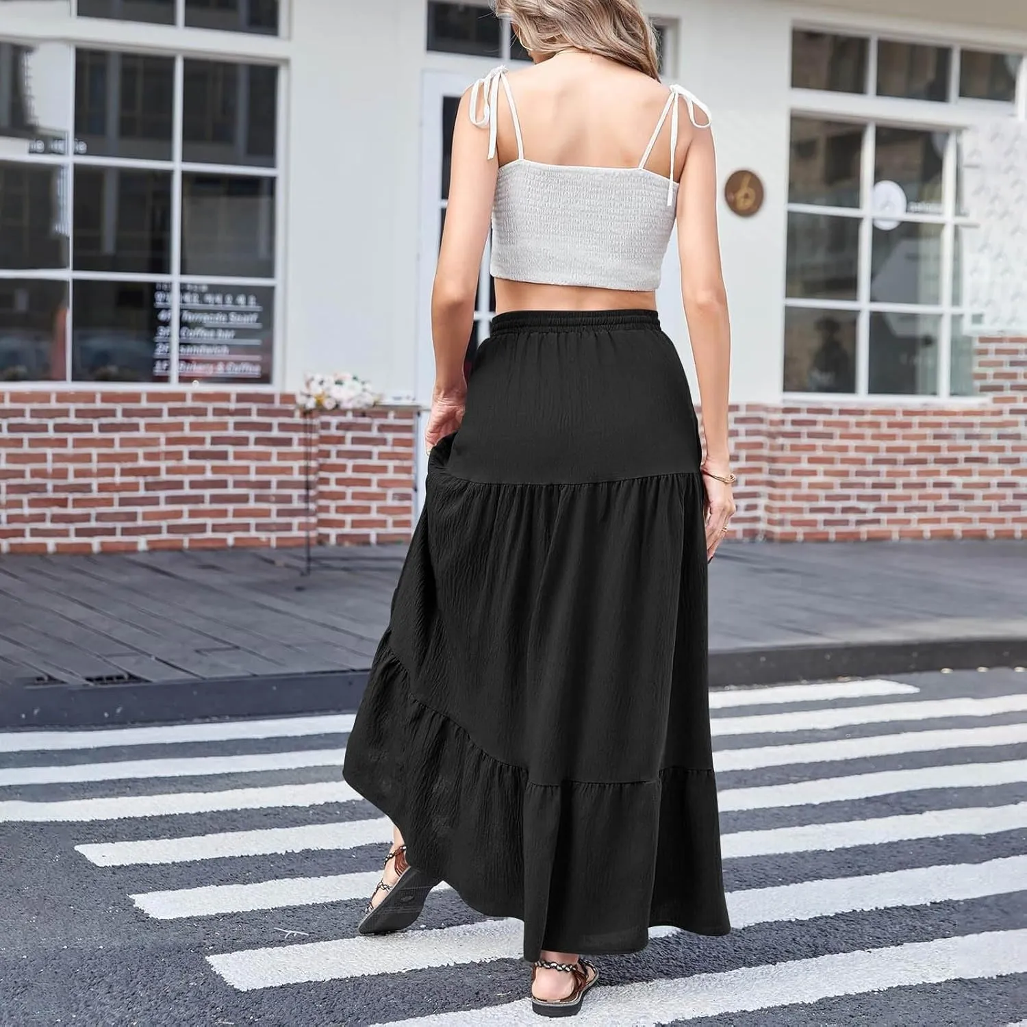 HGps8w Women's 2025 Summer Boho Linen Slit Flowy Maxi Skirt, Trendy Elastic Waist A Line Tiered Beach Long Skirts