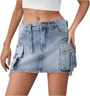 HGps8w Women's Y2K Denim Mini Skirt Classic Zipper Button High Waisted Bodycon Cargo Skirts with Flap Pockets