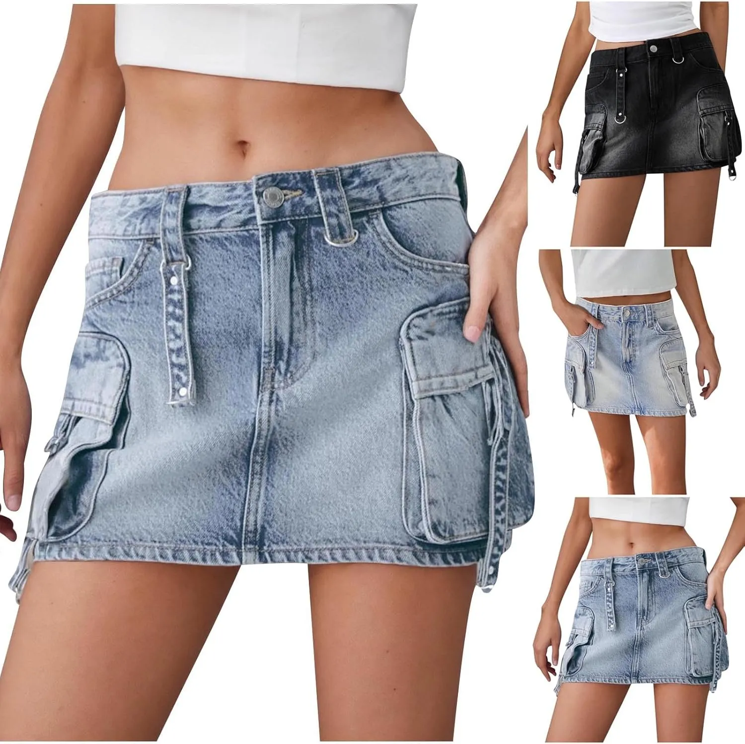 HGps8w Women's Y2K Denim Mini Skirt Classic Zipper Button High Waisted Bodycon Cargo Skirts with Flap Pockets
