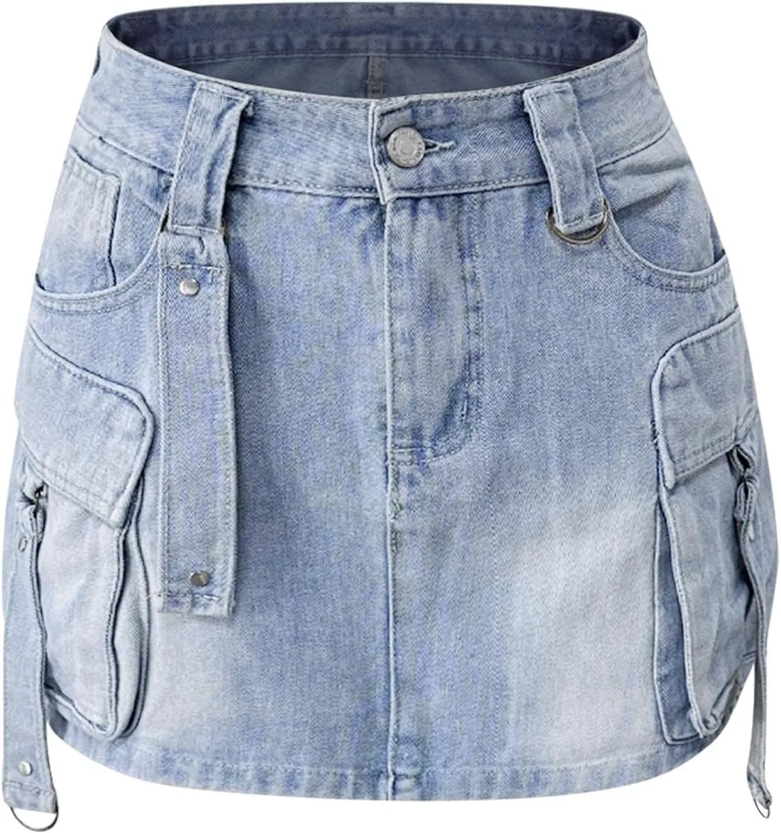 HGps8w Women's Y2K Denim Mini Skirt Classic Zipper Button High Waisted Bodycon Cargo Skirts with Flap Pockets