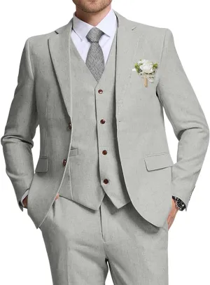 High-End Suits Retro Linen Suit for Men Casual Wedding Suit for Men Slim Fit 3 Pieces Jacket Blazer Vest Pant Groom Tuxedo