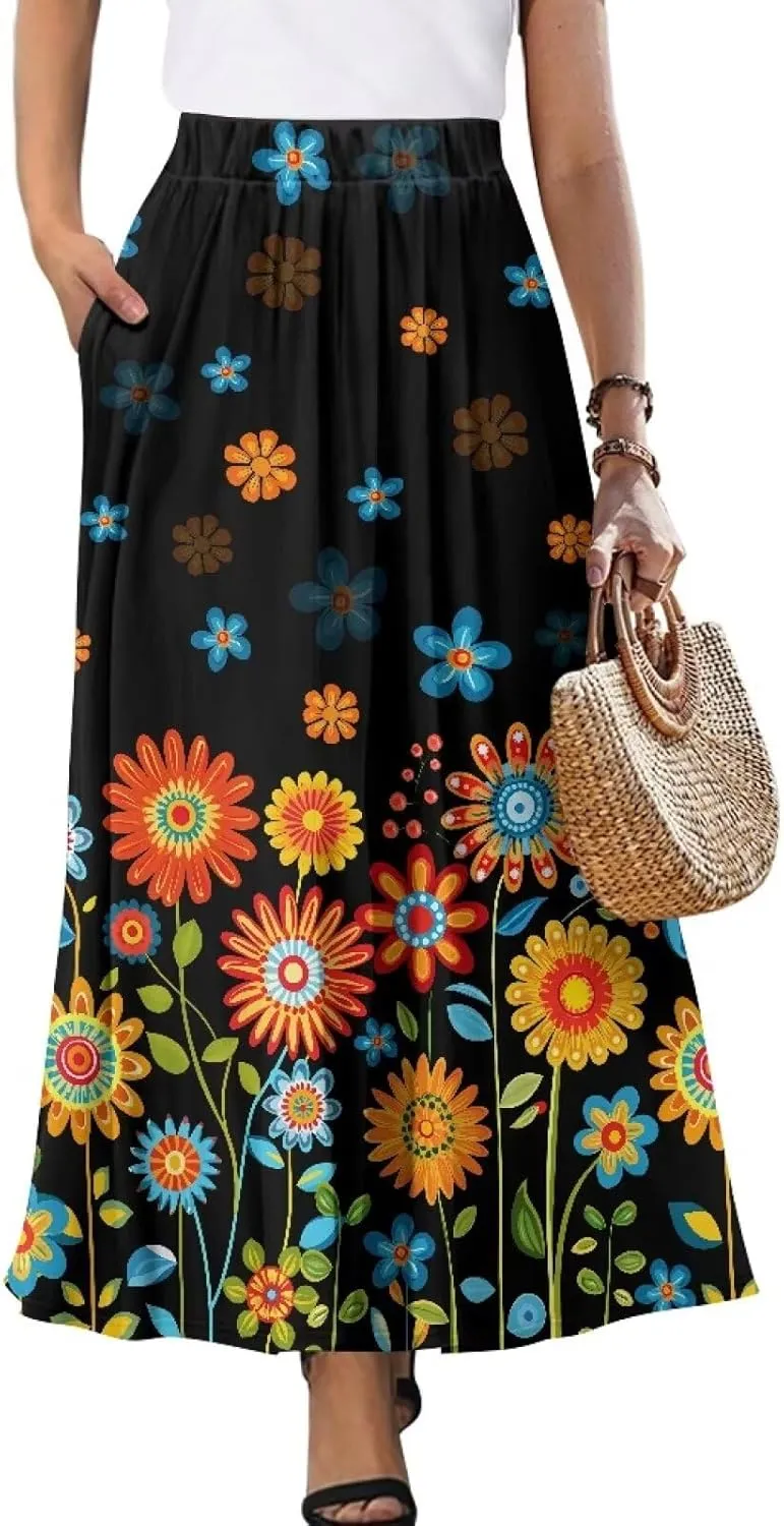 Irisjudy Women Boho Maxi Long Skirt Galaxy Jellyfish A Line Long Skirts with Pocket Jungle Mushroom Beach Holiday Maxi Skirts