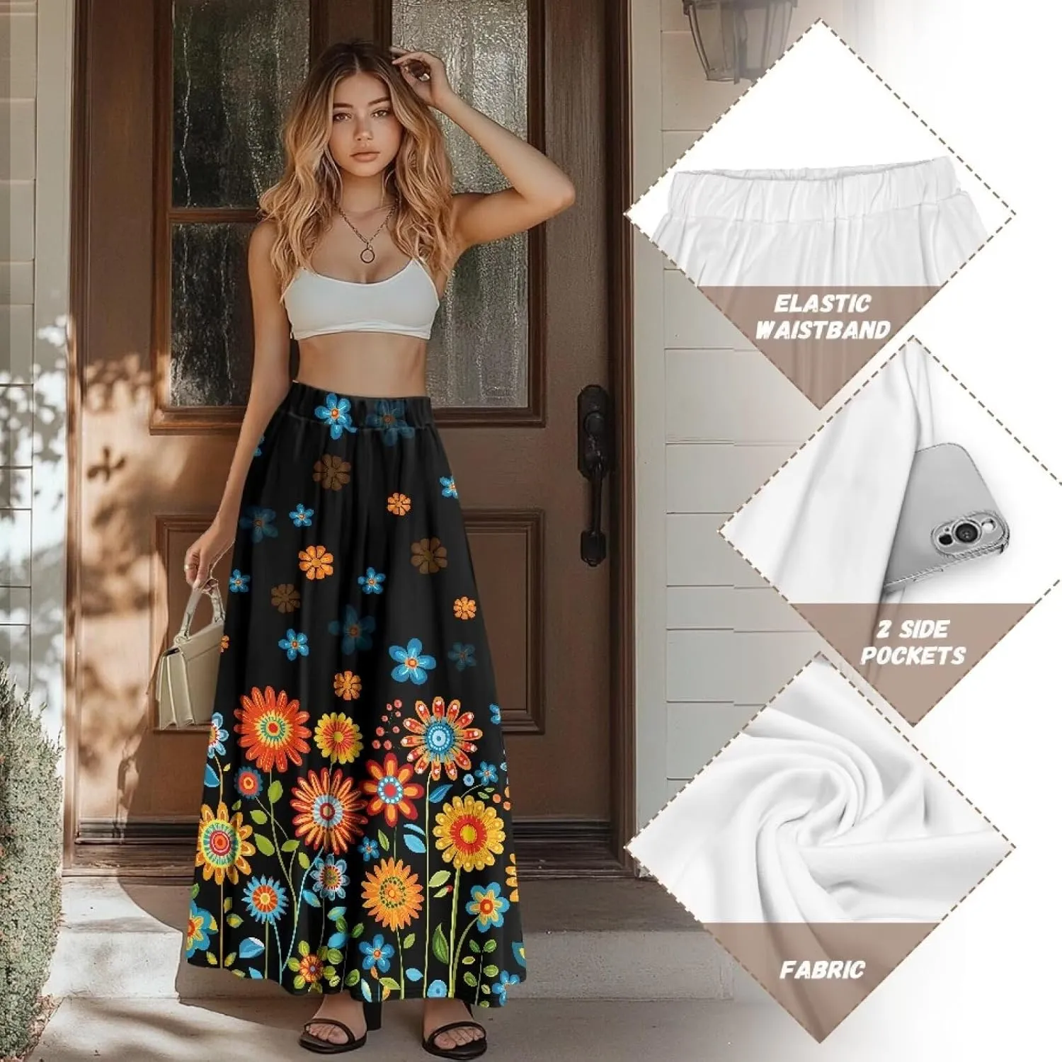 Irisjudy Women Boho Maxi Long Skirt Galaxy Jellyfish A Line Long Skirts with Pocket Jungle Mushroom Beach Holiday Maxi Skirts