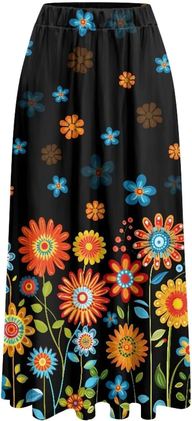 Irisjudy Women Boho Maxi Long Skirt Galaxy Jellyfish A Line Long Skirts with Pocket Jungle Mushroom Beach Holiday Maxi Skirts