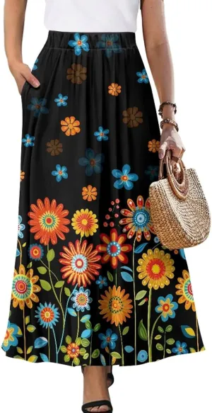 Irisjudy Women Boho Maxi Long Skirt Galaxy Jellyfish A Line Long Skirts with Pocket Jungle Mushroom Beach Holiday Maxi Skirts