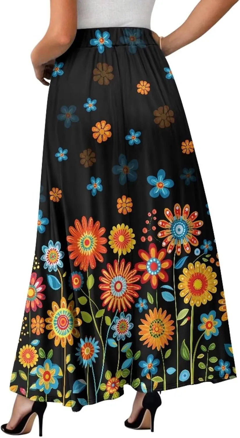 Irisjudy Women Boho Maxi Long Skirt Galaxy Jellyfish A Line Long Skirts with Pocket Jungle Mushroom Beach Holiday Maxi Skirts