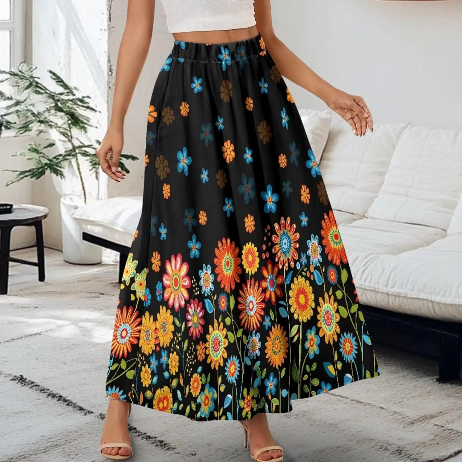 Irisjudy Women Boho Maxi Long Skirt Galaxy Jellyfish A Line Long Skirts with Pocket Jungle Mushroom Beach Holiday Maxi Skirts