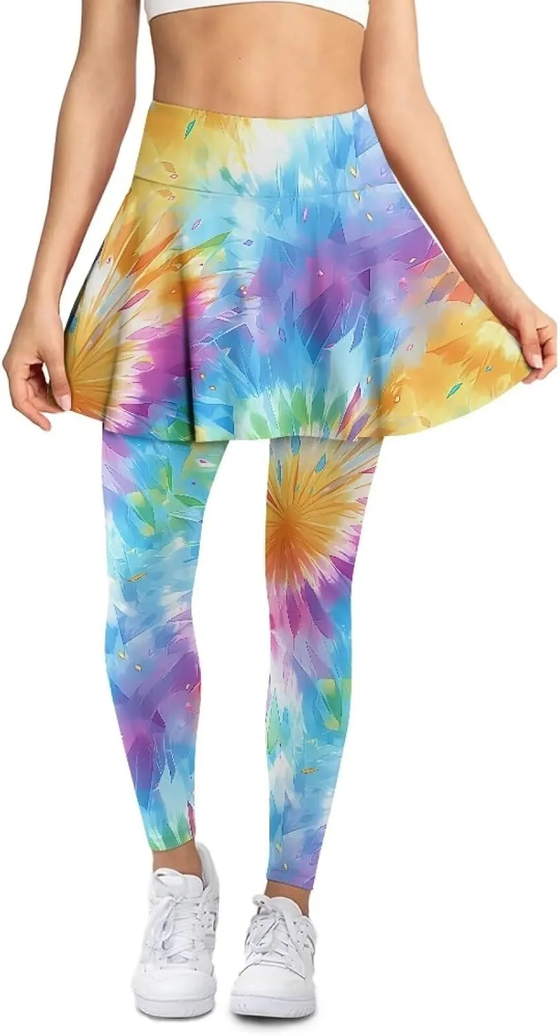 Irisjudy Women Yoga Pants Leggings with Skirt Sunflower Music Note Tennis Golf Skirted Legging Hawaii Style High Waist Tights
