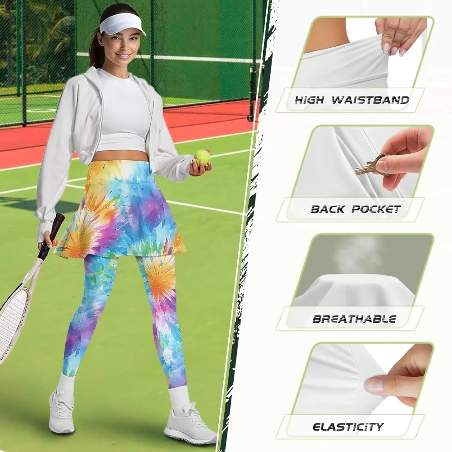 Irisjudy Women Yoga Pants Leggings with Skirt Sunflower Music Note Tennis Golf Skirted Legging Hawaii Style High Waist Tights