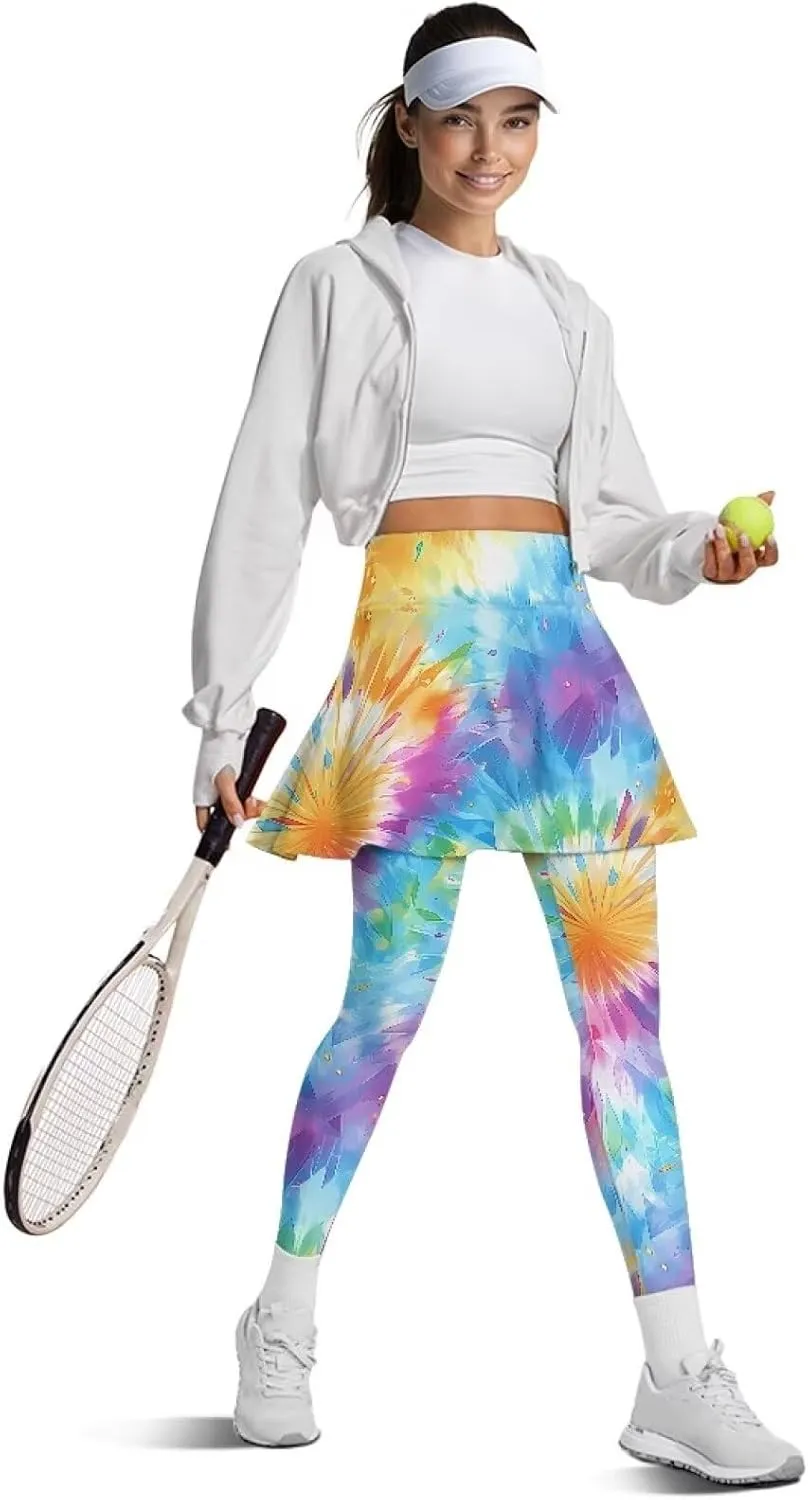 Irisjudy Women Yoga Pants Leggings with Skirt Sunflower Music Note Tennis Golf Skirted Legging Hawaii Style High Waist Tights