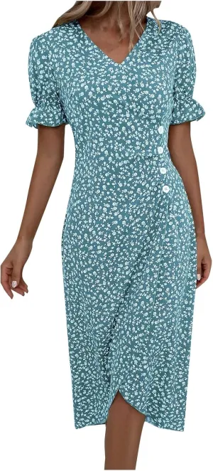 JJHAEVDY Dresses for Women 2024 Printed Ruffle Hem Dress V Neck Short Sleeve Dress Spring Summer Dresses Flowy Beach Dresses