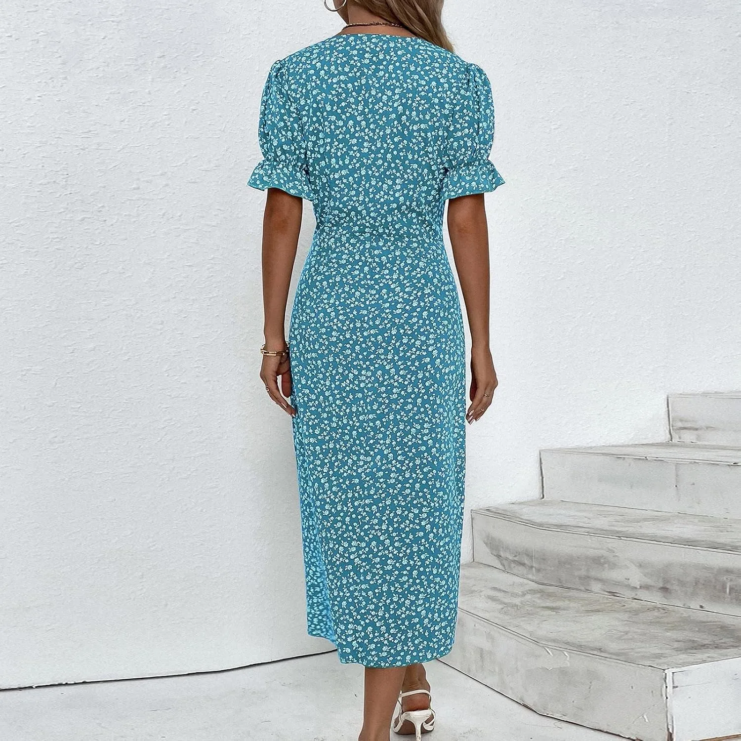 JJHAEVDY Dresses for Women 2024 Printed Ruffle Hem Dress V Neck Short Sleeve Dress Spring Summer Dresses Flowy Beach Dresses