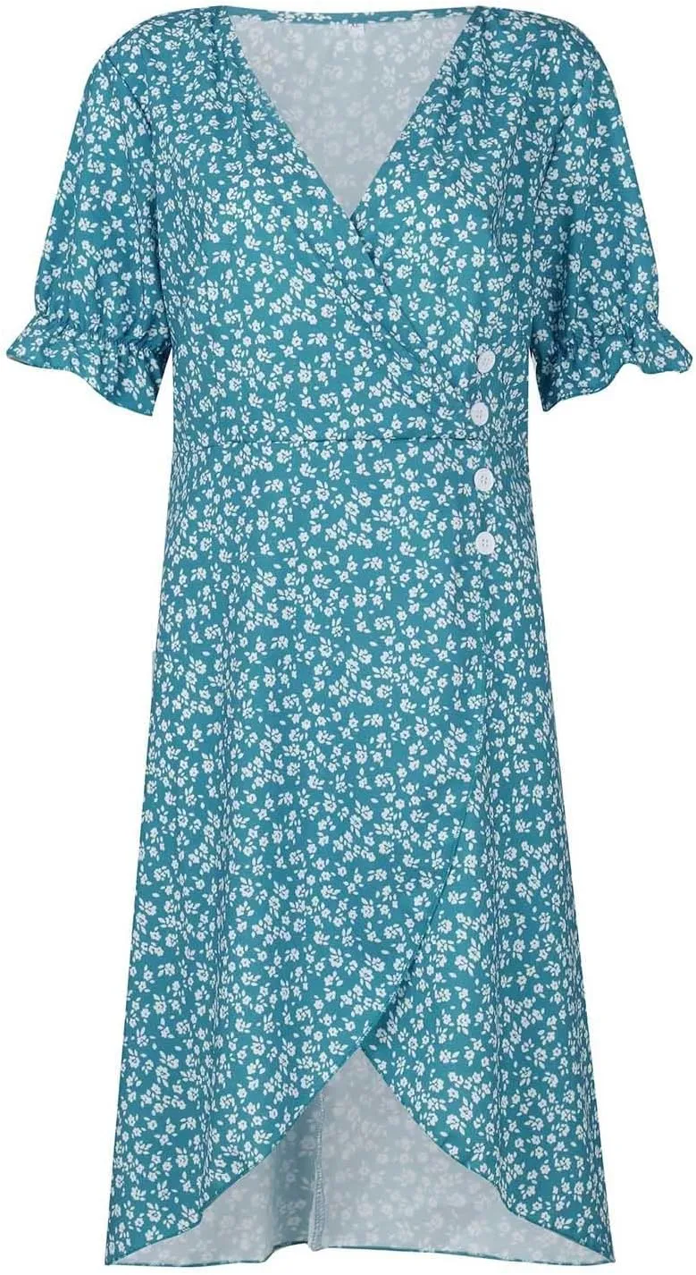 JJHAEVDY Dresses for Women 2024 Printed Ruffle Hem Dress V Neck Short Sleeve Dress Spring Summer Dresses Flowy Beach Dresses