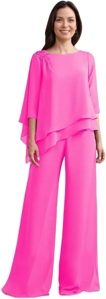 Jumpsuit/Pantsuit Mother of The Bride Dress with Beading Scoop Neck Chiffon Mother of The Groom Dresses