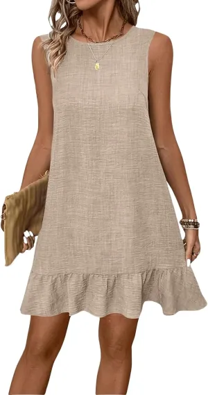 Kubbon Casual Dresses for Women Ruffle Hem Sleeveless Mini Dresses Loose Flowy Sundress Soild Color Back Bow Tie Dress