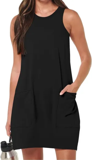 Kubbon Sundress for Women Casual Crewneck Sleeveless Midi Dress Loose Solid Color Tank Dresses with Pocket Vacation Outfits